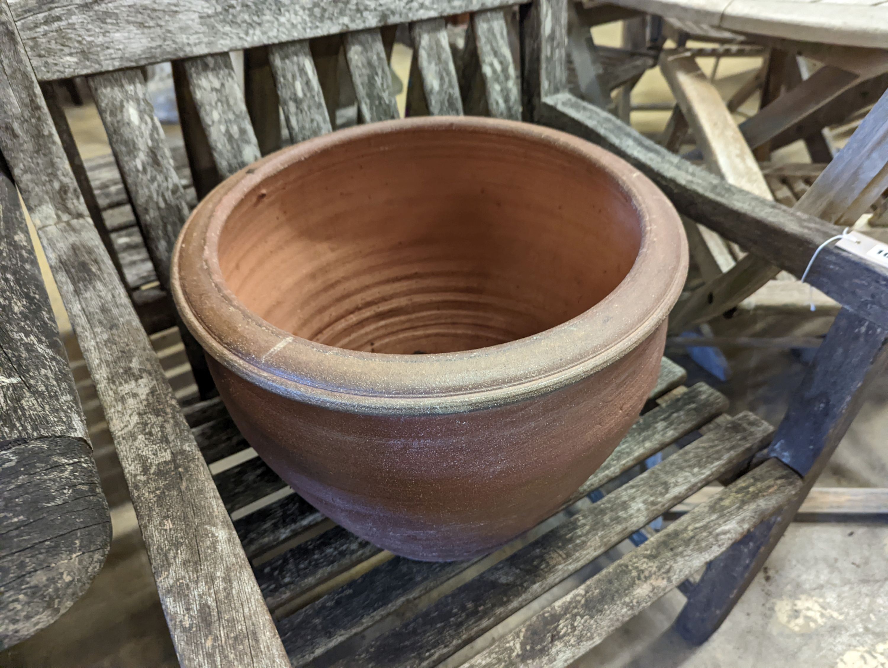 Four circular glazed earthenware garden planters, diameter 40cm, height 31cm